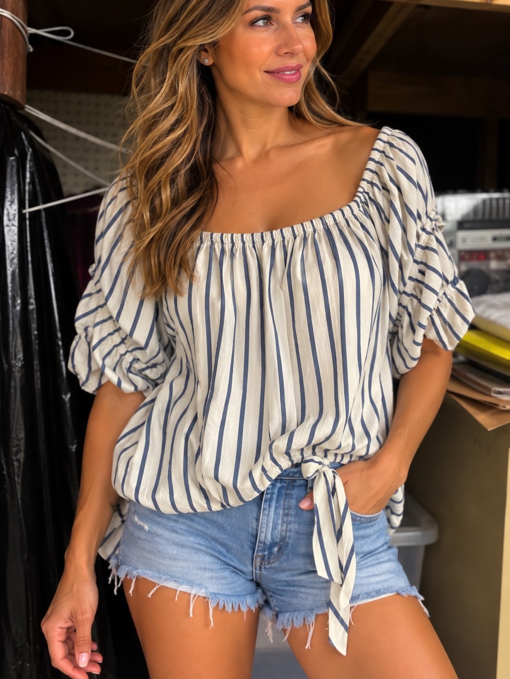 Striped Cream and Navy Tie-Hem Women’s Peasant Top